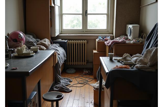 Cluttered, unused studio apartment corner before renovation